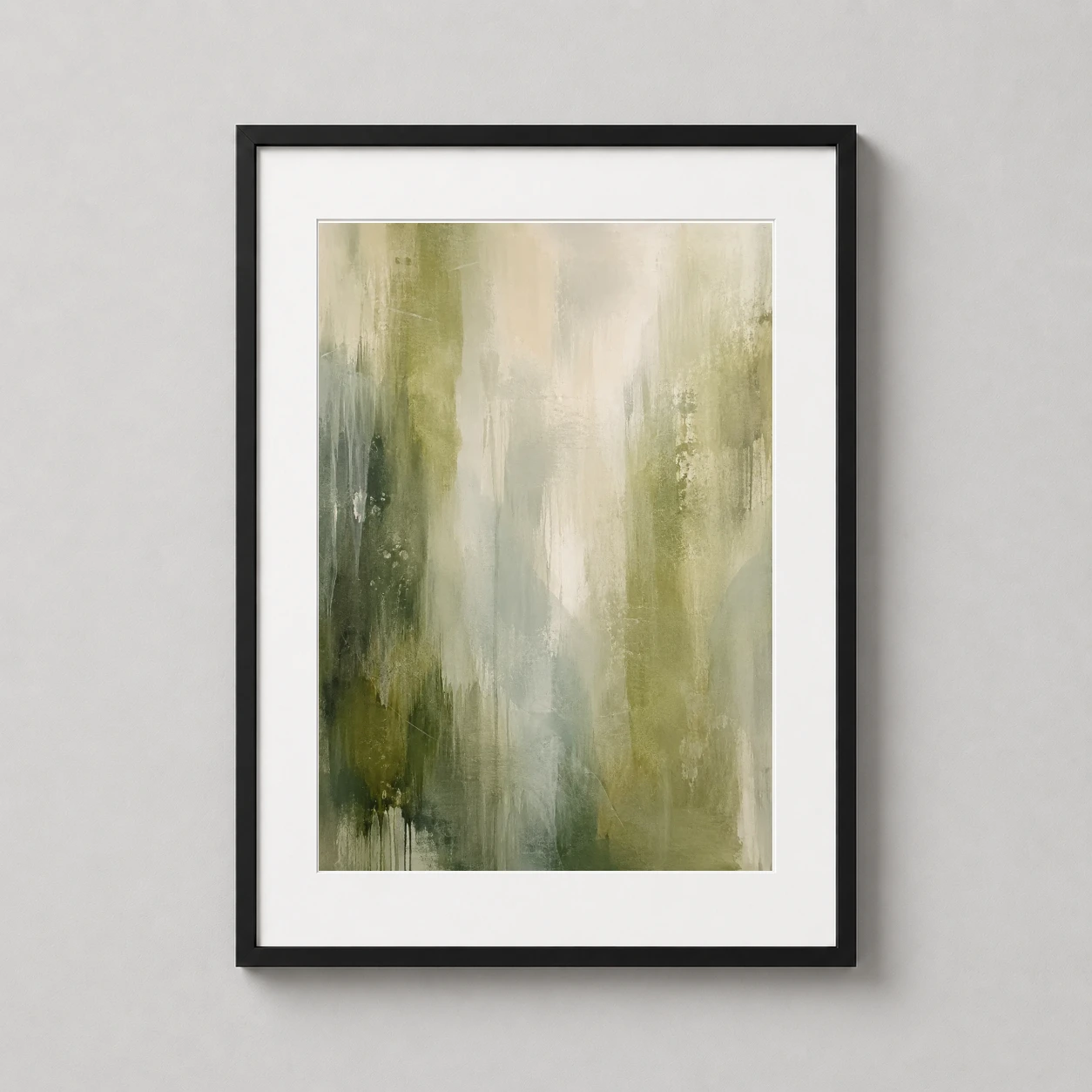 Textured Canvas Ethereal — vertical abstract painting featuring layers of moss green, sage, and