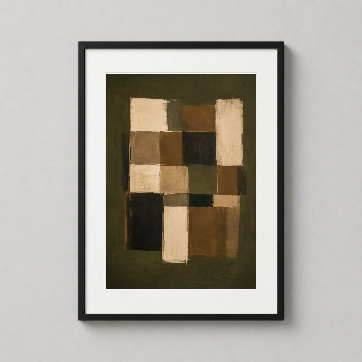 Olive Grid Geometric Earthy — abstract composition featuring a painterly grid of olive green, earthy