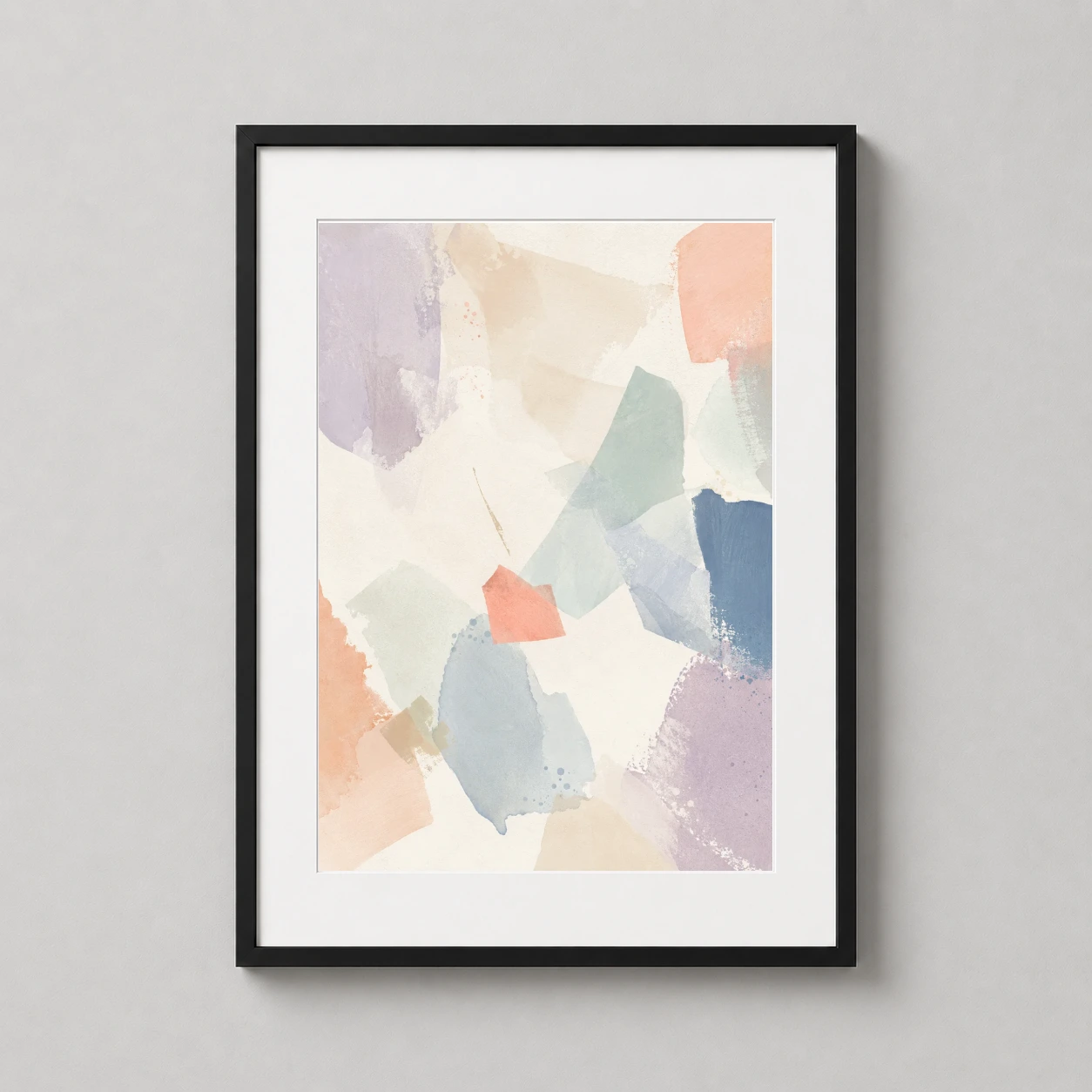 Pastel Fragment Field — lavender, peach, and mint green shapes overlap in a textured, painterly