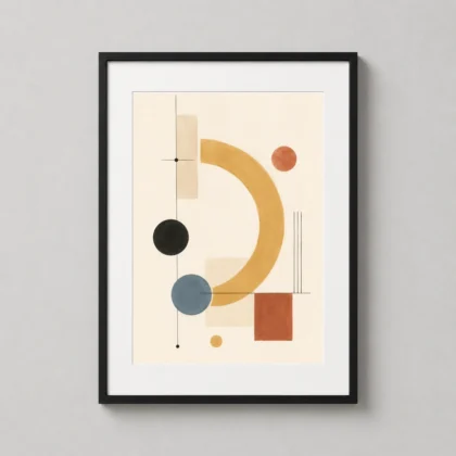 A minimalist interior featuring this Bauhaus abstract art print in a modern frame above a clean-lined wooden sideboard.