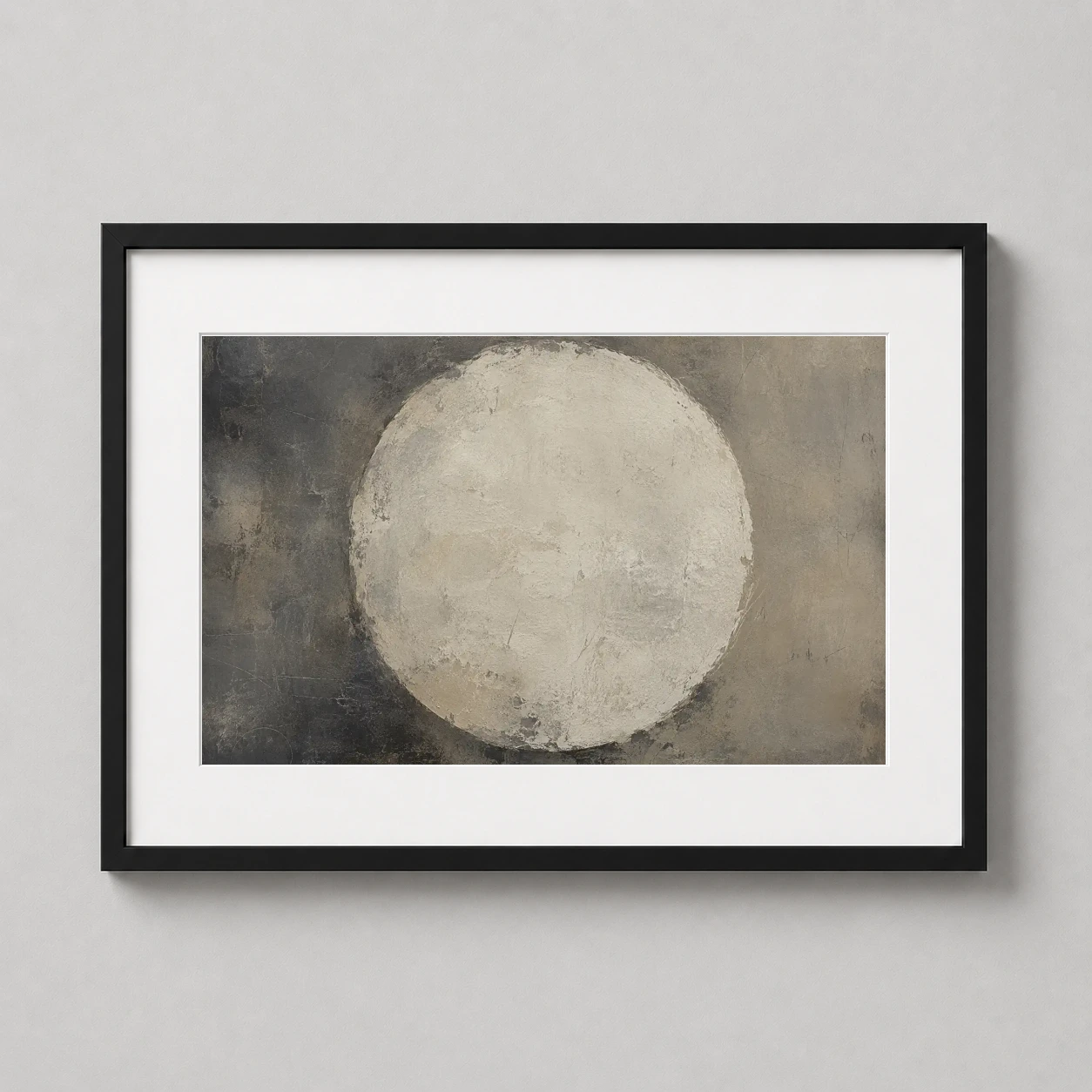 Stone Circle Ritual Textured — heavily textured white circular form sits centered against a moody