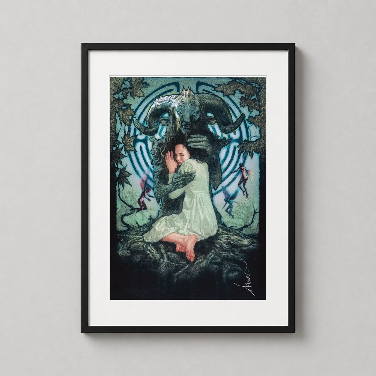 Pan's Labyrinth — detailed illustration of Ofelia embracing the Faun from Pan's