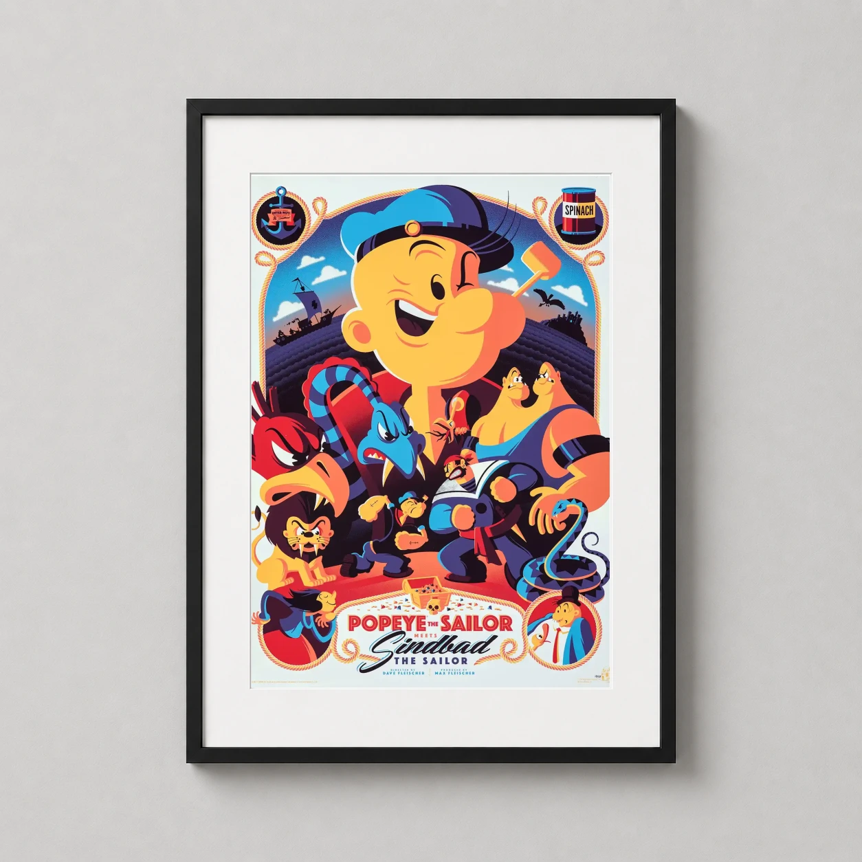 Popeye Meets Sindbad the Sailor — vibrant flat-design poster featuring Popeye, Sindbad, and mythical