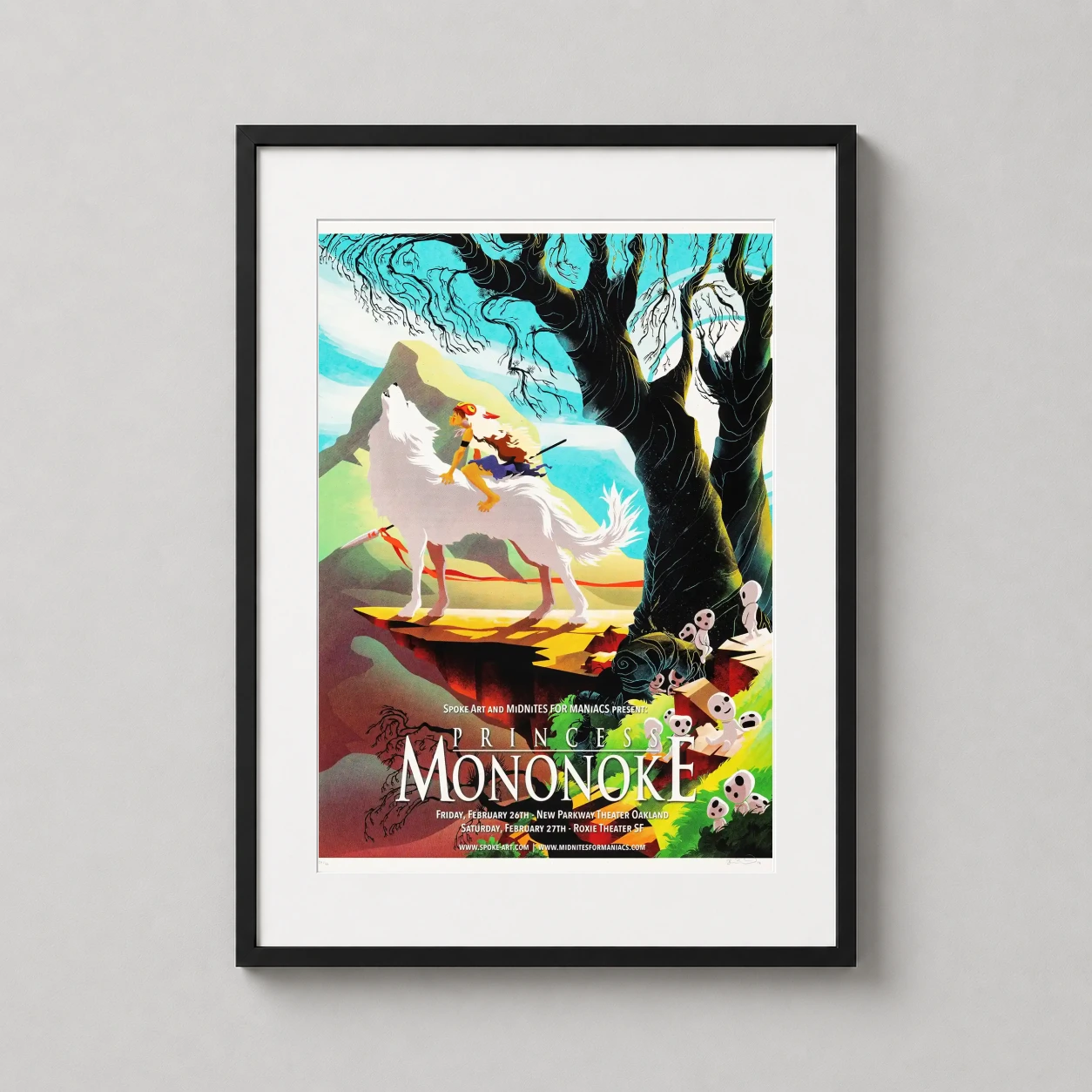 Room mockup of Princess Mononoke San and Wolf Spirit Joshua Budich Movie Poster, displayed as framed wall art in a home theater setting as a portrait print with green, black, and white tones.