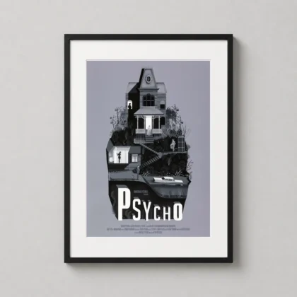 Psycho Movie Bates Motel — detailed greyscale illustration of the Bates Motel and House from