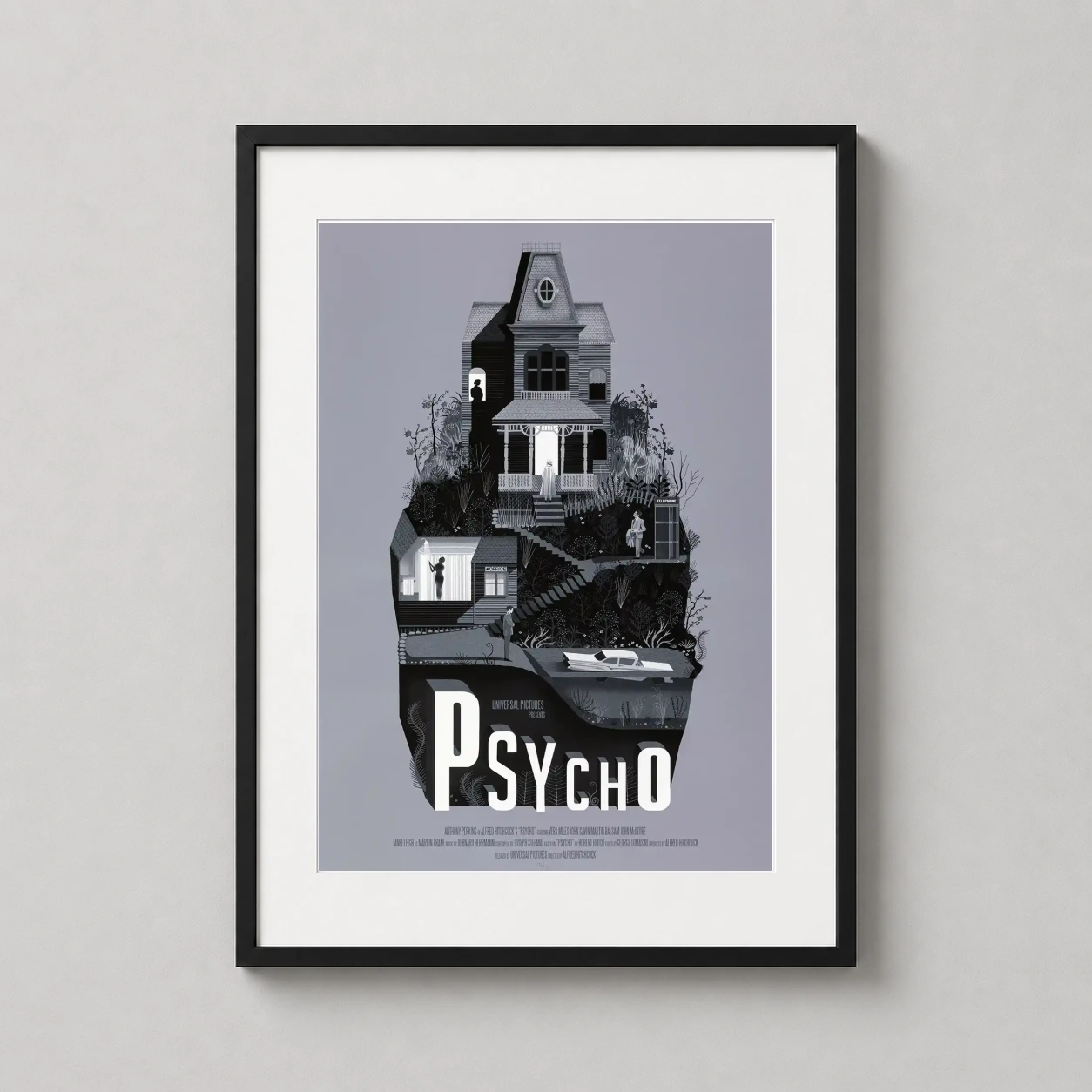Psycho Movie Bates Motel — detailed greyscale illustration of the Bates Motel and House from