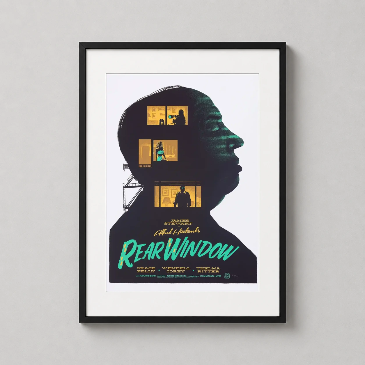 Room mockup of Alfred Hitchcock Rear Window Gary Pullin Mondo Movie Poster, displayed as framed wall art in a home theater setting as a portrait print with teal, yellow, and gold tones.