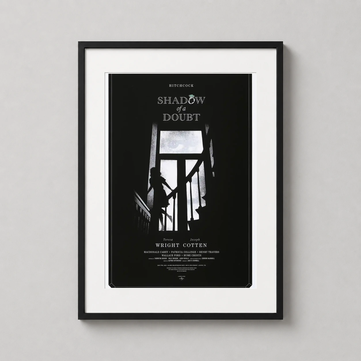 Shadow of a Doubt — high-contrast black and white art print of Hitchcock’s Shadow of a