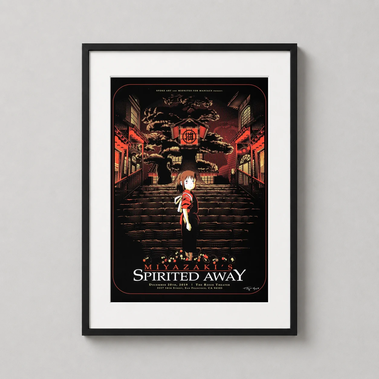 Spirited Away Chihiro Bathhouse — red and black screenprint-style art print featuring Chihiro at the