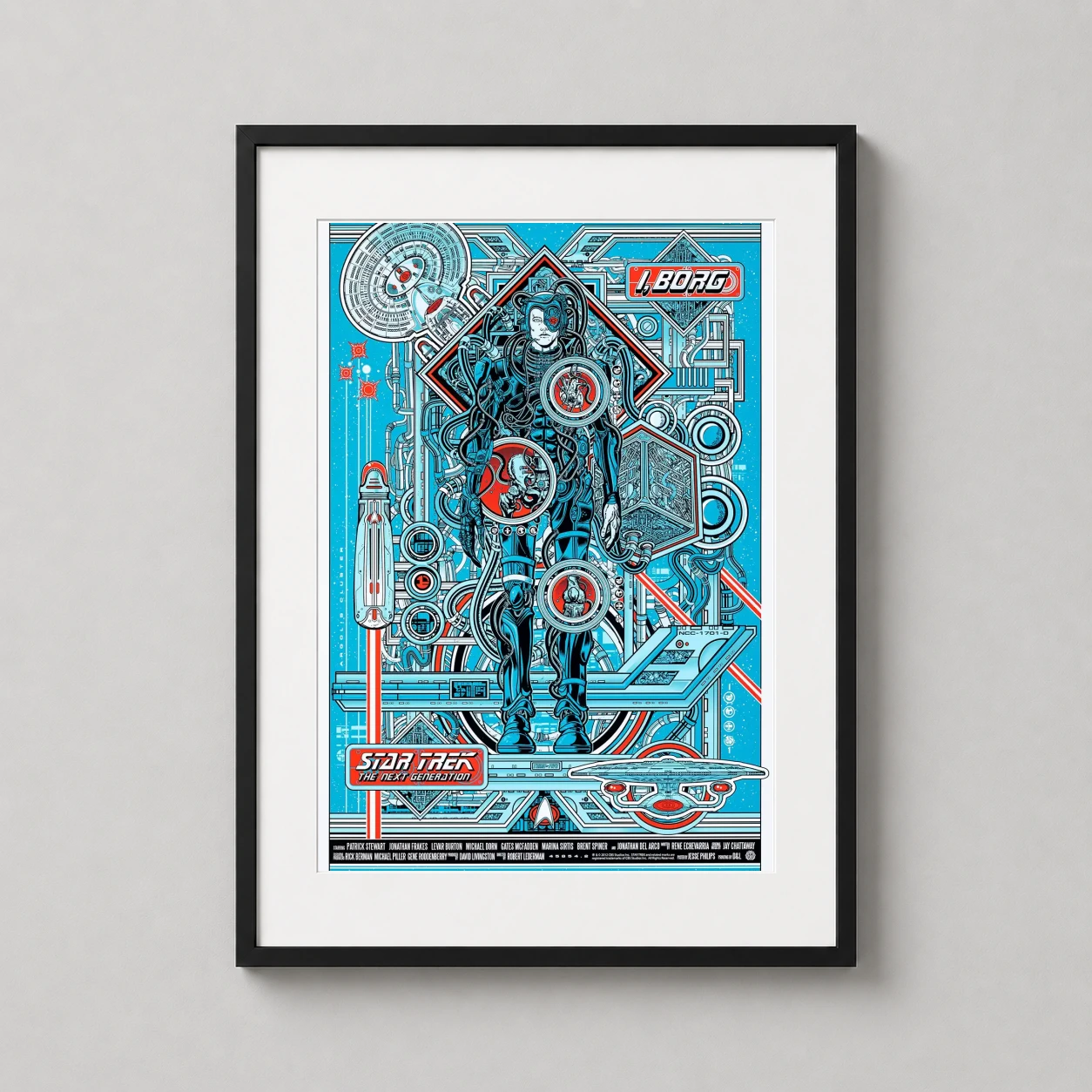 Room mockup of Star Trek The Next Generation I Borg Mondo Jesse Philips Movie Poster, displayed as framed wall art in a home theater setting as a portrait print with teal and red tones.