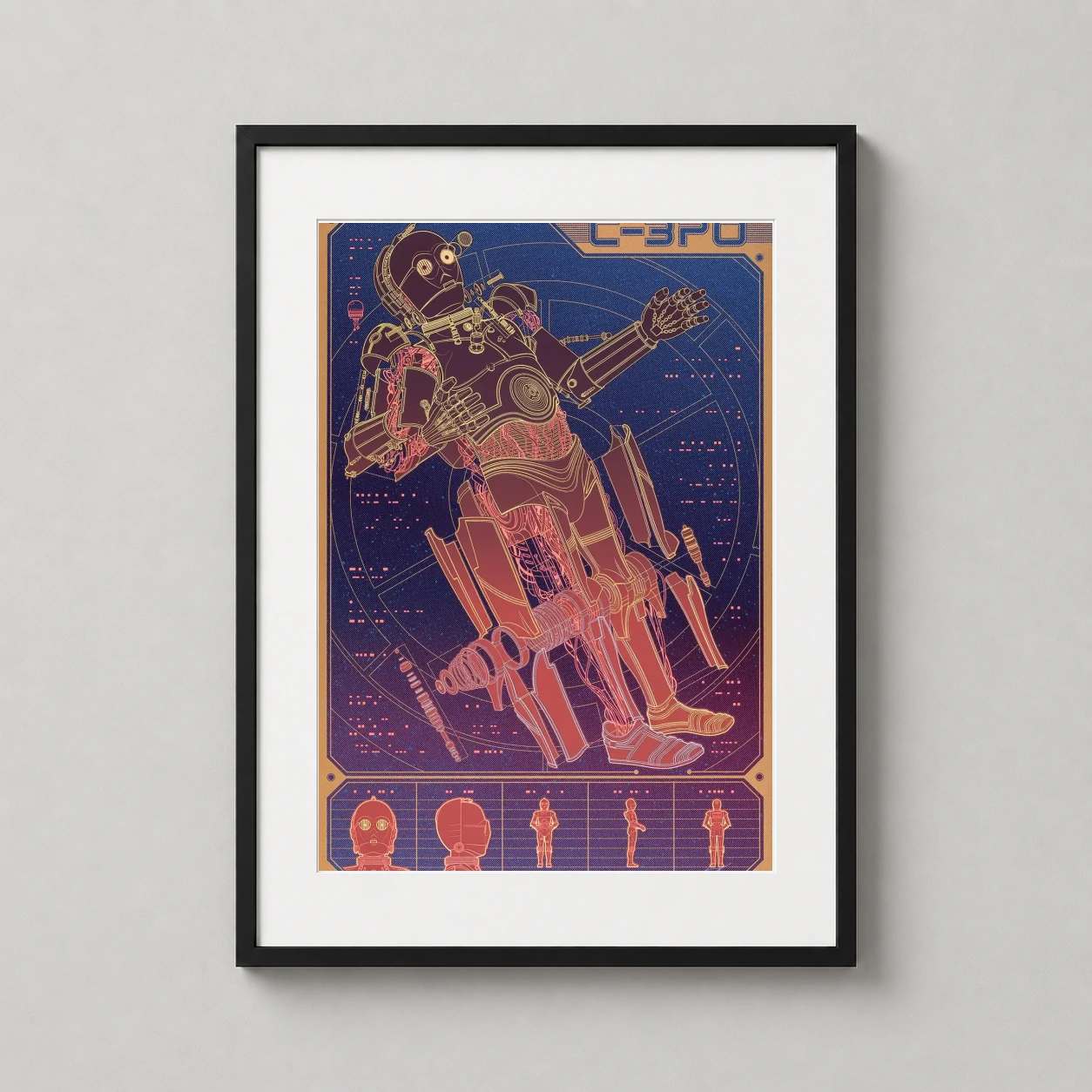 C 3po Technical Blueprint Star — detailed technical schematic of C-3PO in gold and red tones, showcasing