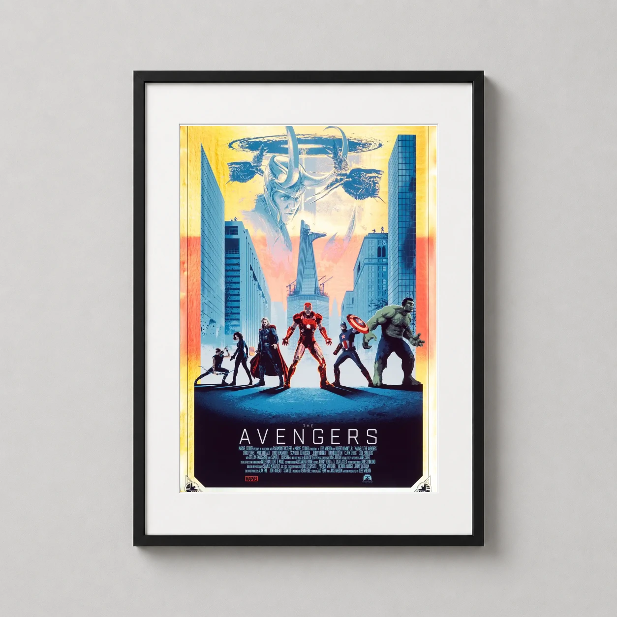 Avengers Battle of New York — vibrant screen-print style illustration of the original Avengers team