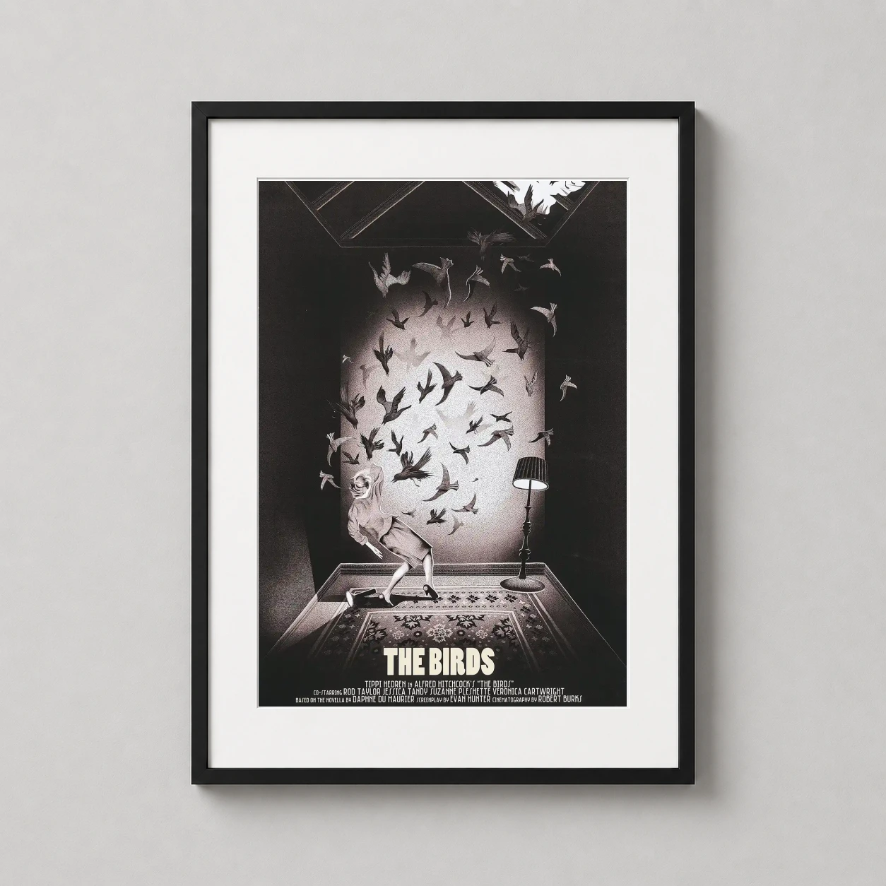 Alfred Hitchcock — black and white illustrative print of Alfred Hitchcock's The Birds