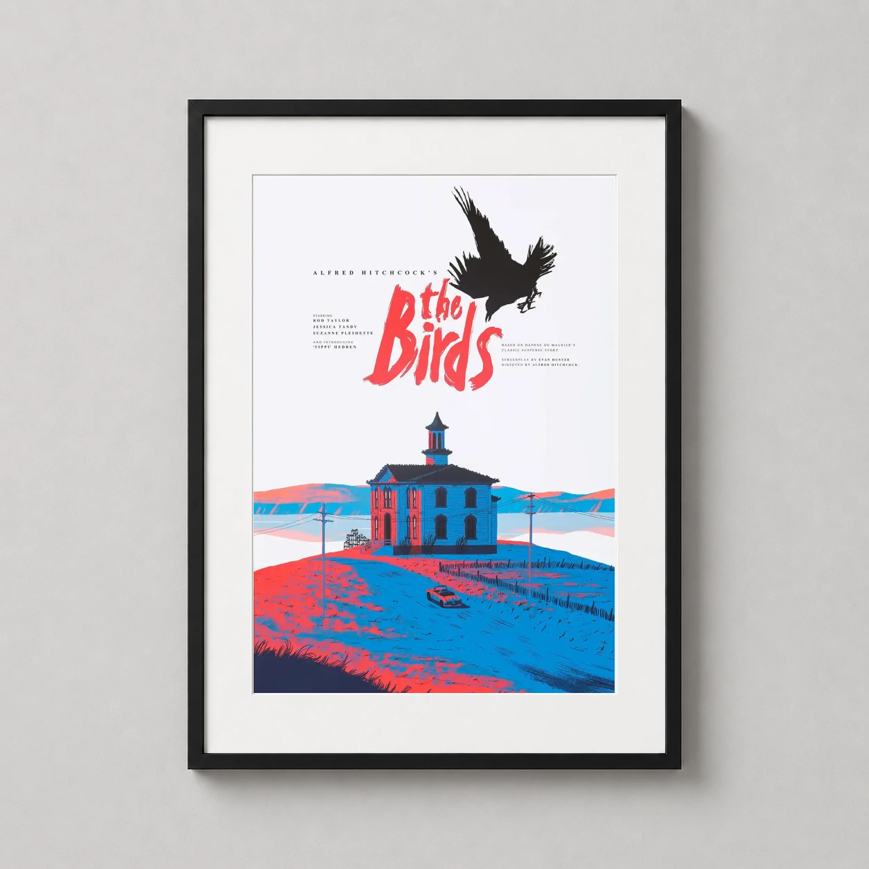 Birds Hitchcock — featuring a diving crow silhouette above the iconic schoolhouse, this