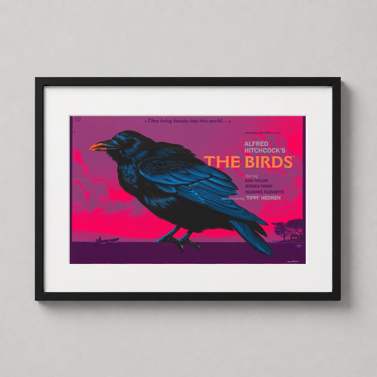 Room mockup of Alfred Hitchcock The Birds Laurent Durieux Movie Poster, displayed as framed wall art in a home theater setting as a landscape print with blue, pink, and purple tones.