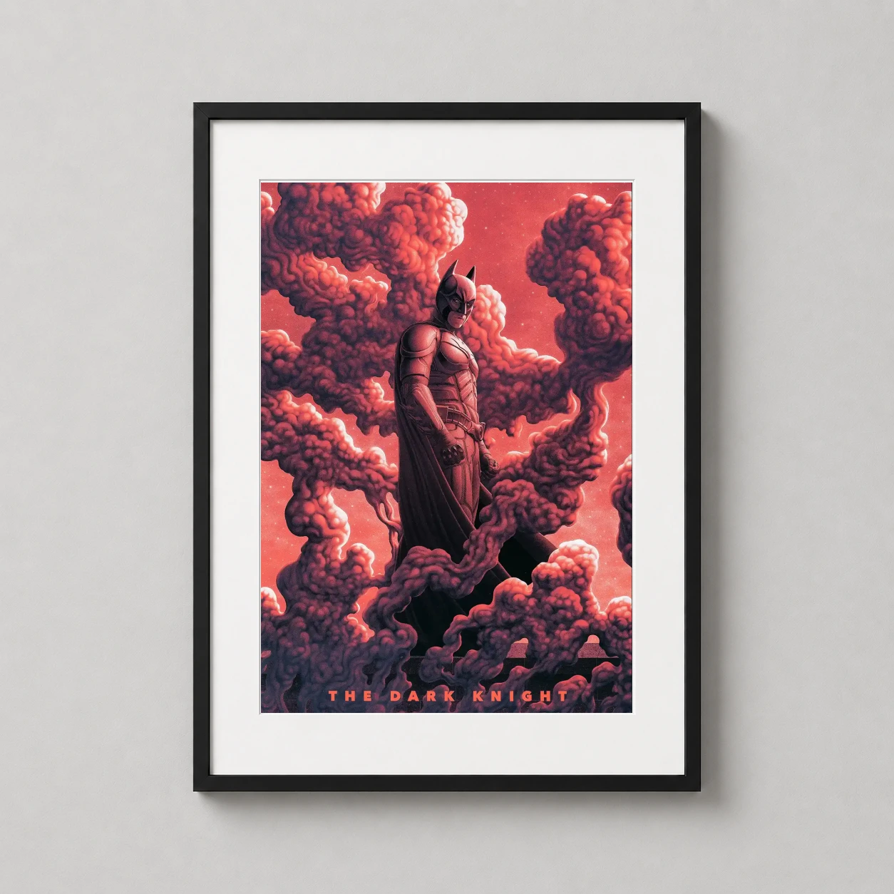 Dark Knight Crimson Chaos — stylized crimson illustration of Batman standing amidst billowing