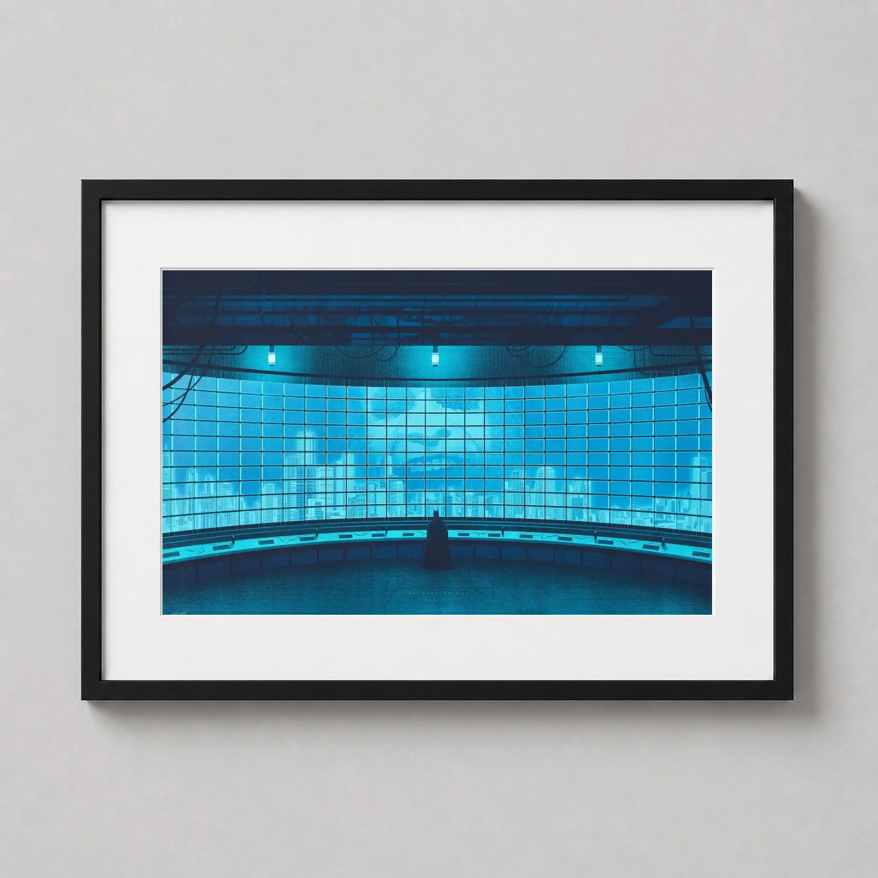 Room mockup of The Dark Knight Batman Sonar Room Kevin Tong Movie Poster, displayed as framed wall art in a home theater setting as a landscape print with blue tones.