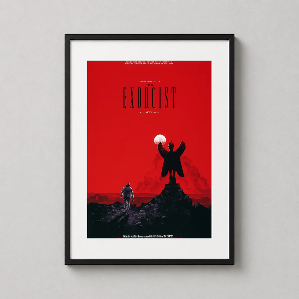 Exorcist — minimalist red horror movie illustration featuring Father Merrin and