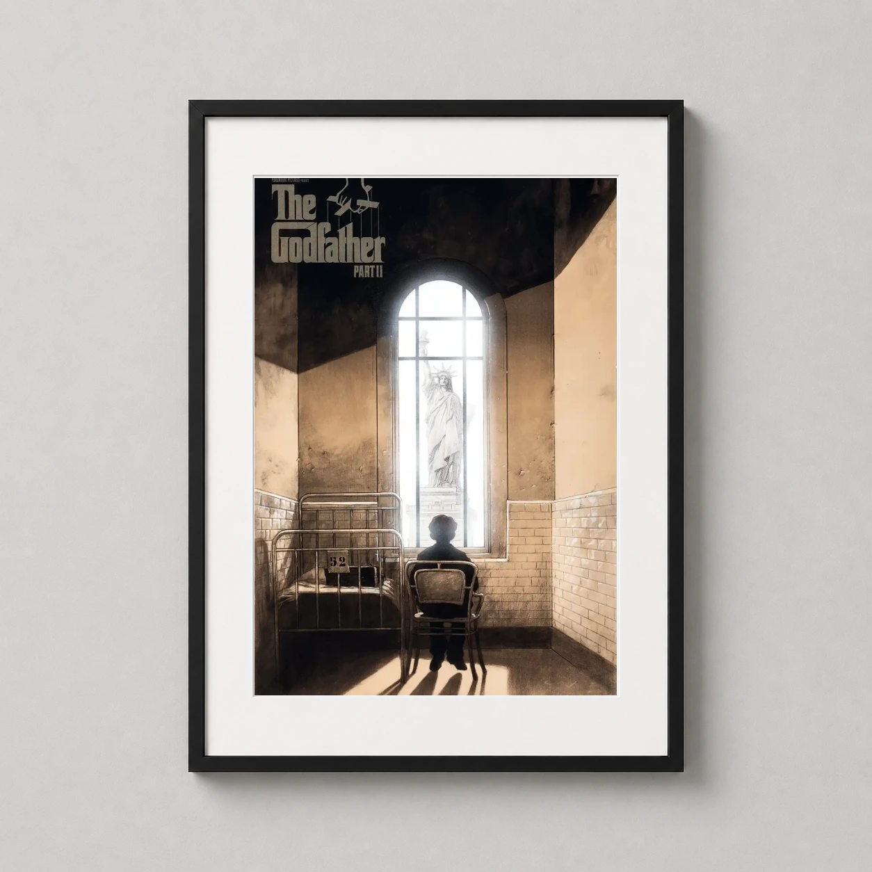 Room mockup of The Godfather Part II Statue of Liberty Scene Cinematic Movie Poster, displayed as framed wall art in a home theater setting as a portrait print with gold tones.