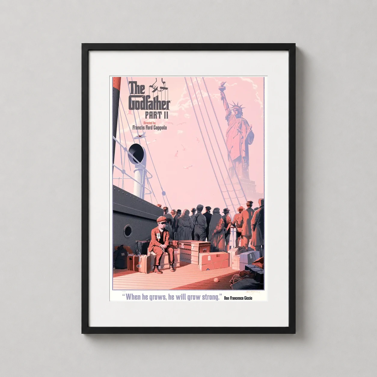 Vito Corleone Arrival — illustrative art print of young Vito Corleone sitting on a ship deck