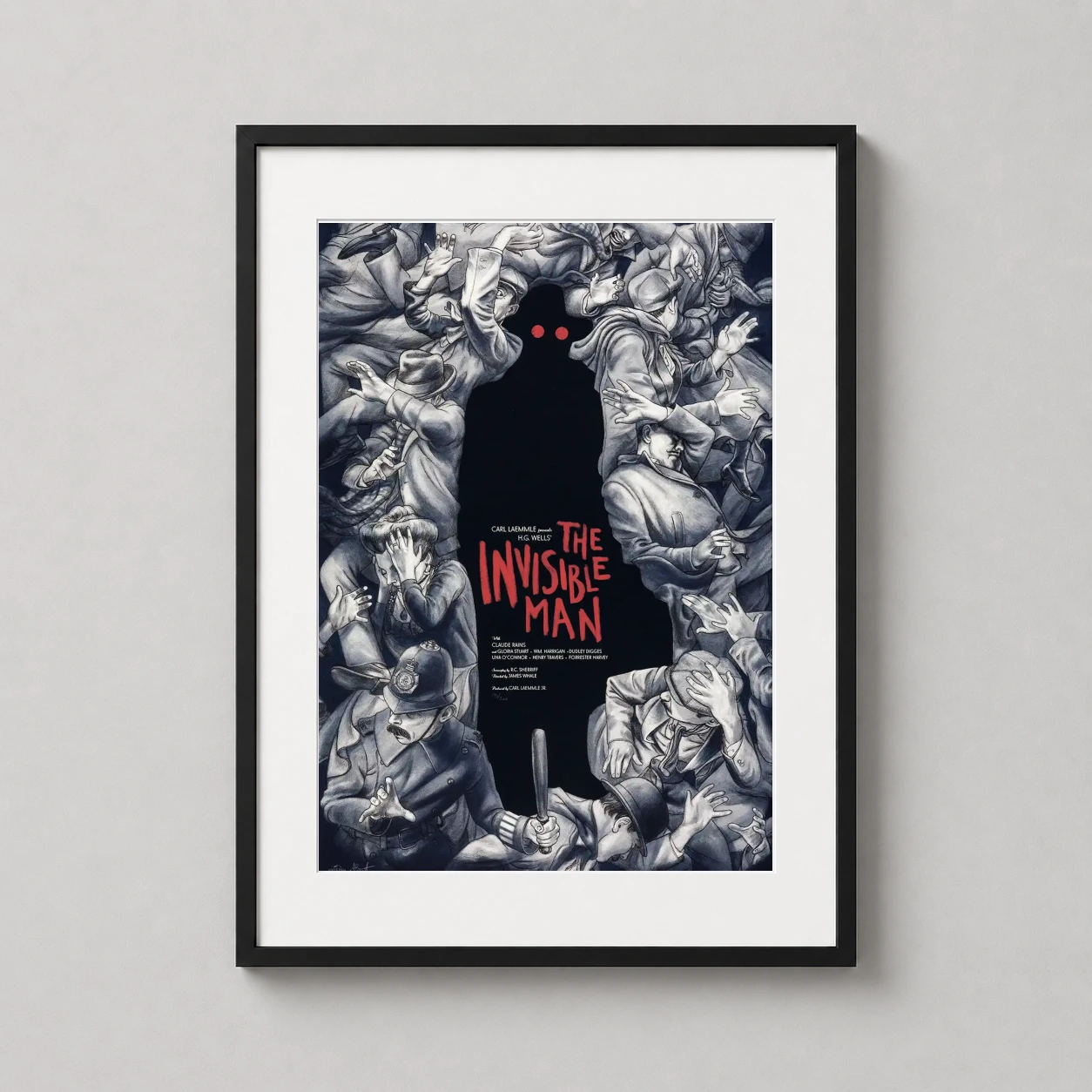 Room mockup of The Invisible Man Mondo Jonathan Burton Illustration Movie Poster, displayed as framed wall art in a home theater setting as a portrait print with blue and red tones.
