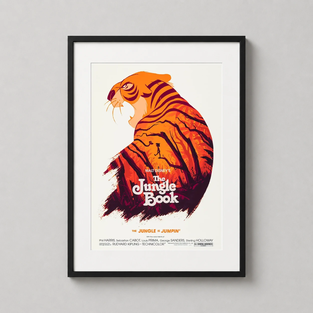 Jungle Book Olly Moss — minimalist graphic art print of Shere Khan's profile containing Mowgli