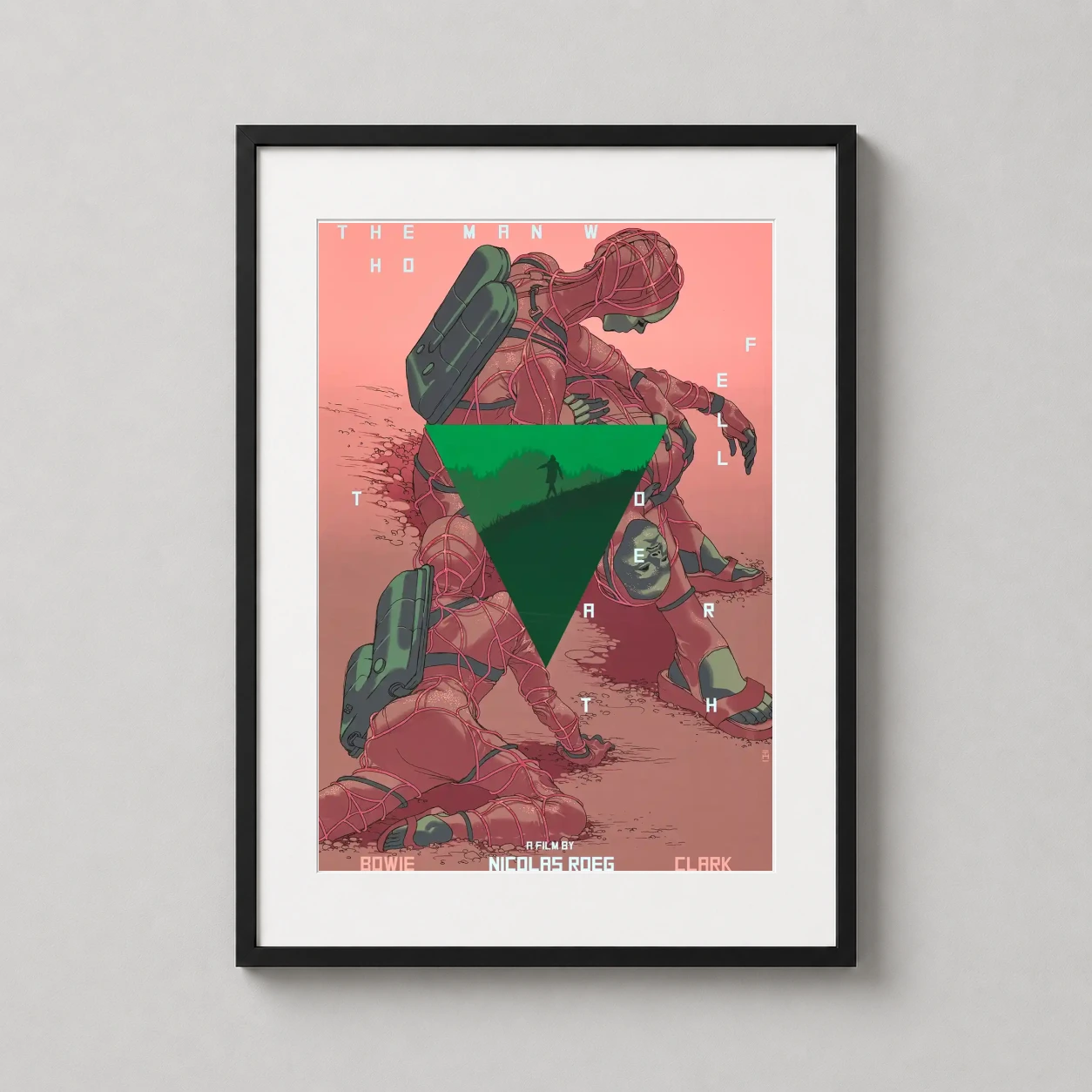 Man Who Fell Earth David — vivid red and green Mondo art print by Tomer Hanuka featuring David