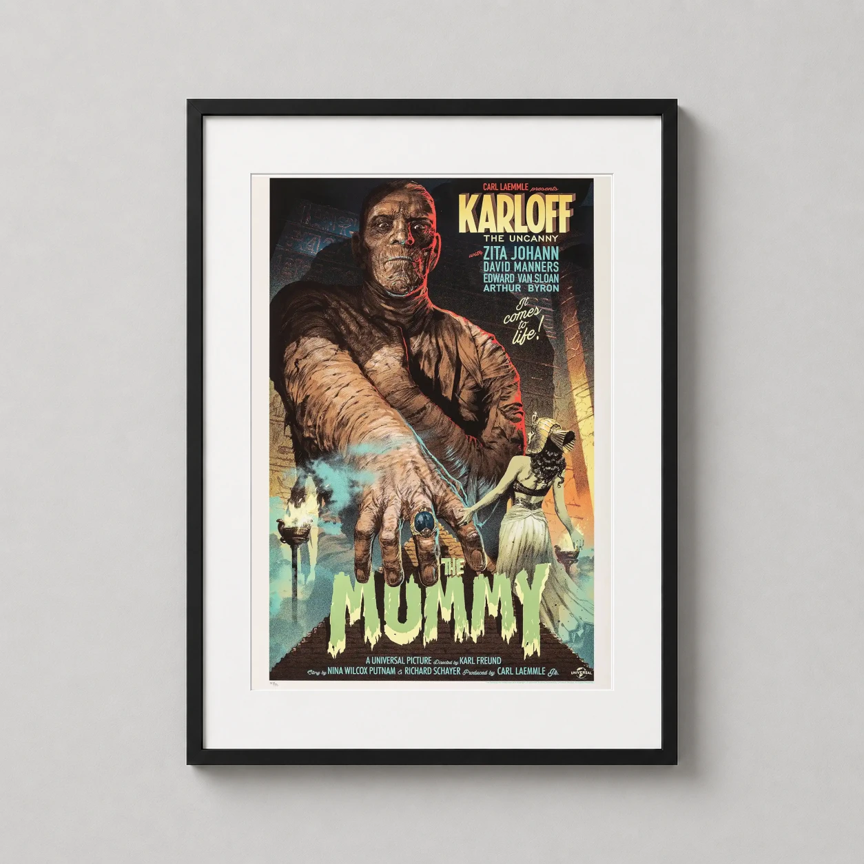 Mummy Boris Karloff — dramatic Mondo-style illustration featuring Boris Karloff as Imhotep