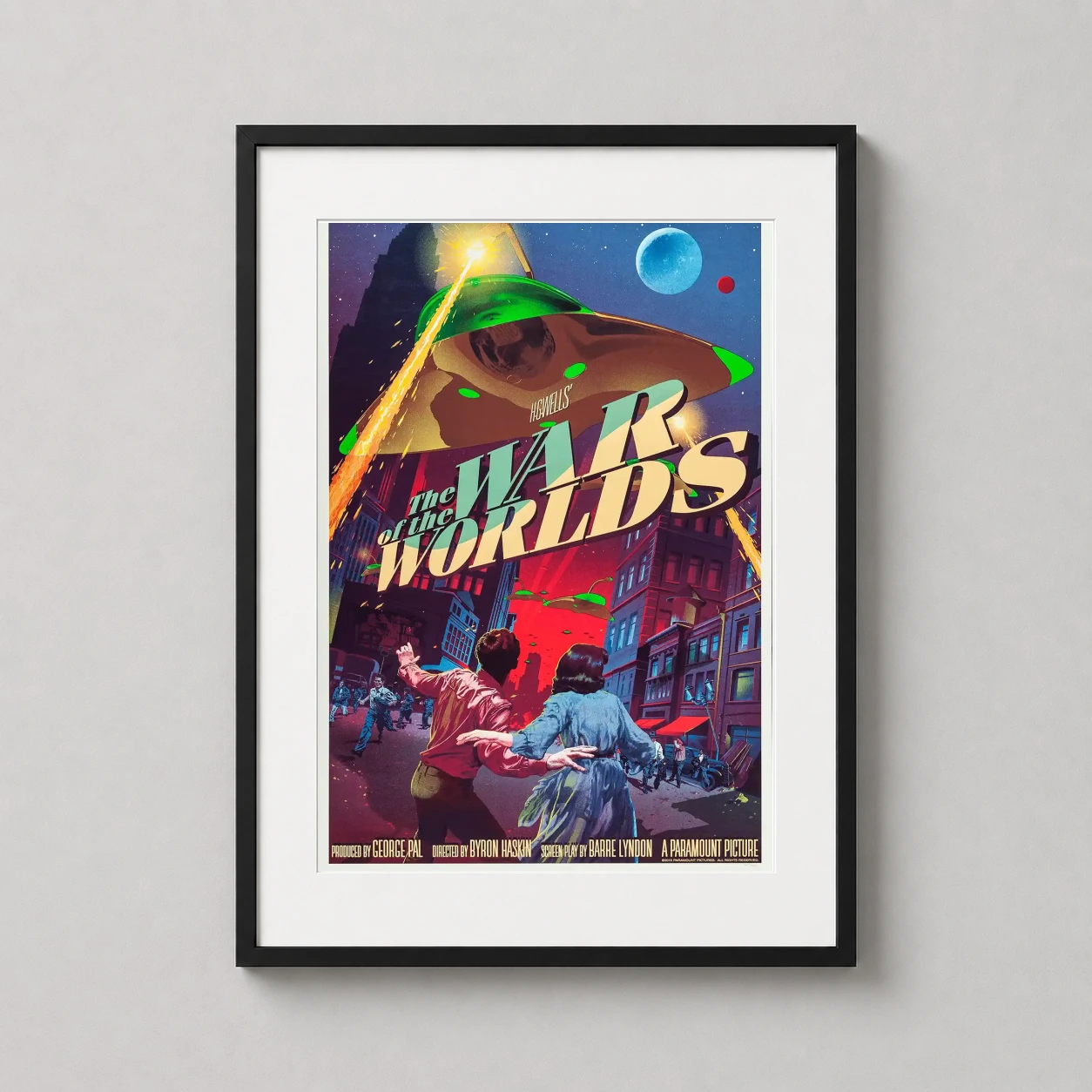 Of the Worlds Stan Vince — vivid Martian war machines fire heat rays over a panicked city street