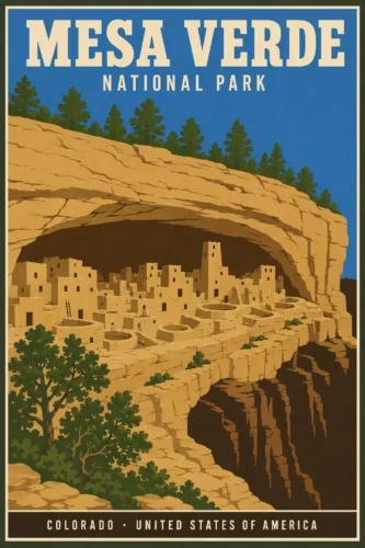 Mesa Verde National Park Cliff Dwellings Vintage Travel Poster