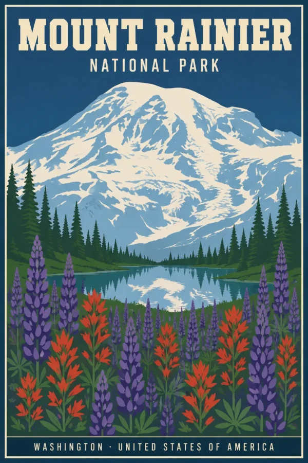 Vintage-style illustration of Mount Rainier’s snow-covered peak reflecting in a lake behind a field of purple and red wildflowers.