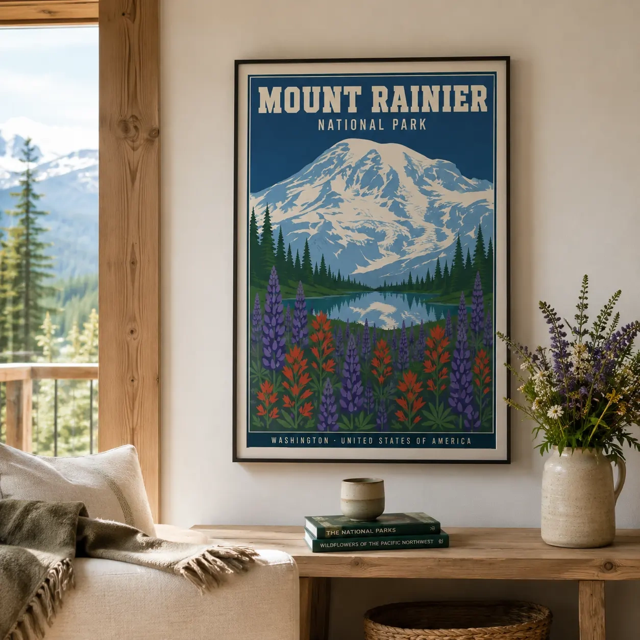 Vintage Mt Rainier — snow-capped Mount Rainier looms over a reflected lake, framed by tall