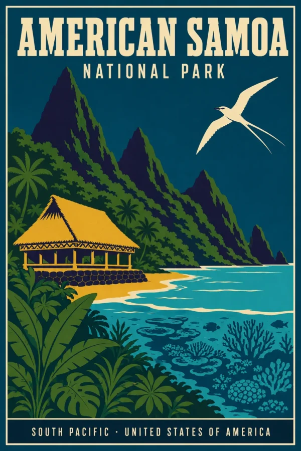 Vintage travel illustration of American Samoa featuring a beachside fale hut, jagged green mountains, and coral reefs under a navy sky.