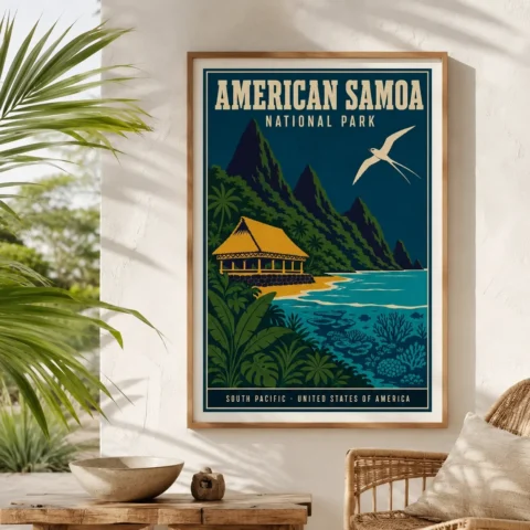 A framed American Samoa travel poster hanging in a sunlit room, displaying its vibrant tropical colors and volcanic landscape.