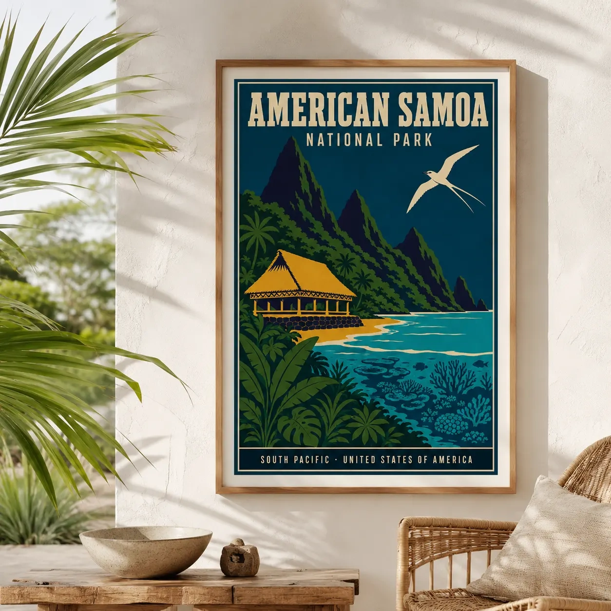 American Samoa — vintage-style illustration featuring a traditional Samoan fale hut on a