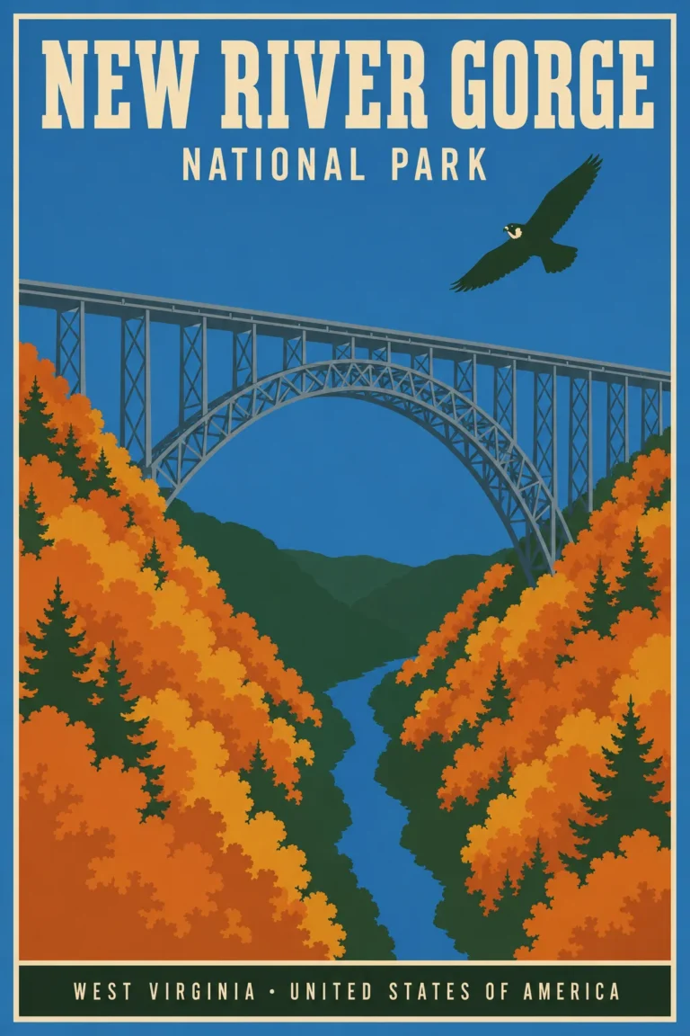 Clean artwork view of New River Gorge National Park West Virginia Wall Art Print. A WPA-inspired illustration of the New River Gorge Bridge over an autumn-colored canyon with a peregrine falcon and the winding New River. From MerchFuse.