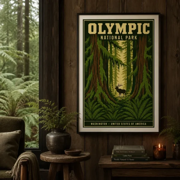Olympic National Park Vintage Rainforest Elk Travel Poster
