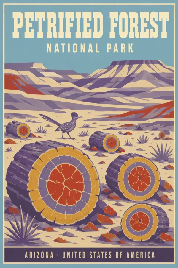 WPA style illustration of Petrified Forest National Park with crystallized wood segments, a roadrunner, and striped desert mesas.