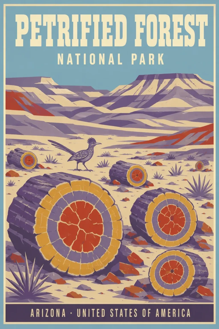 Clean artwork view of Petrified Forest National Park Arizona Vintage Travel Poster. This vintage-style illustration features a roadrunner among crystallized ancient logs and the striped badlands of Petrified Forest National Park in Arizona.