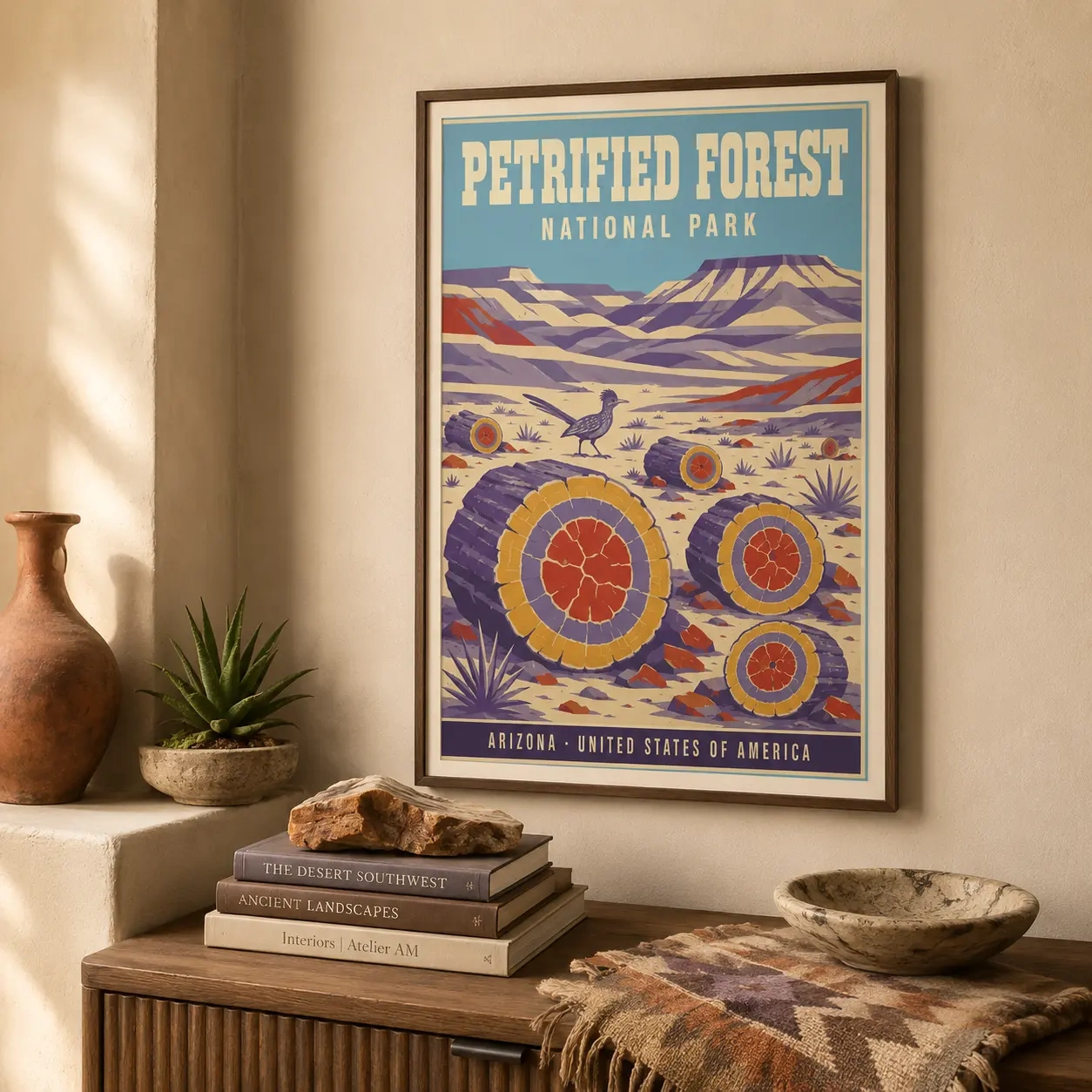Room mockup of Petrified Forest National Park Arizona Vintage Travel Poster, displayed as framed wall art in a bedroom setting with blue tones.