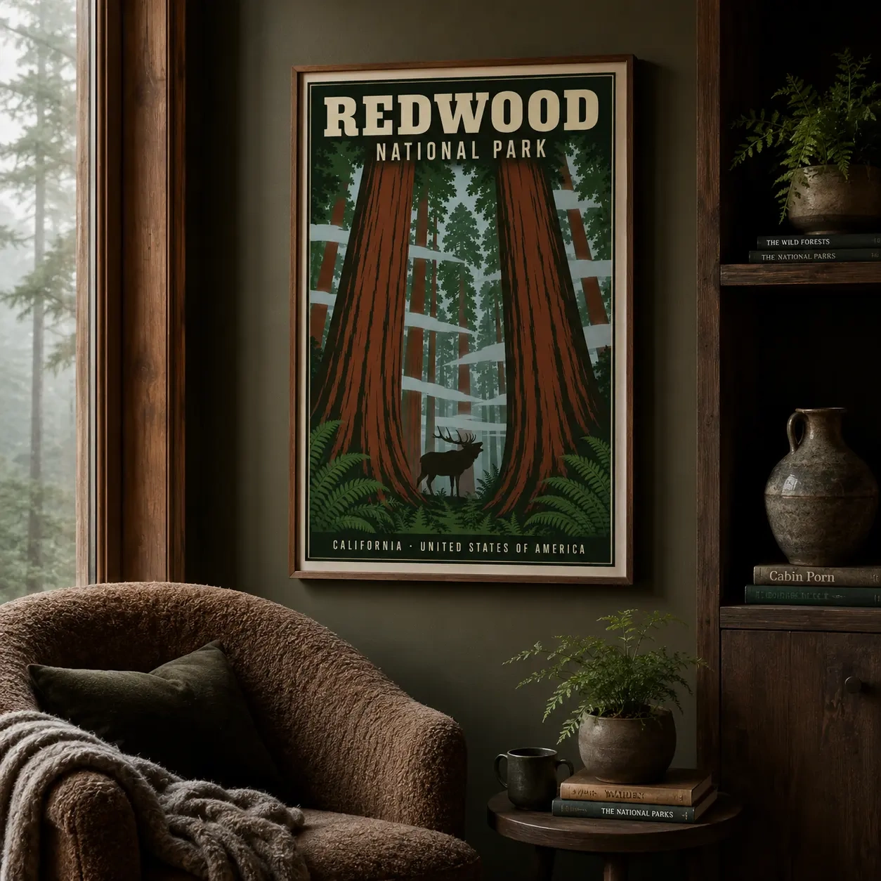 Redwood National Park California — vintage-style illustration of towering Sequoia sempervirens with a