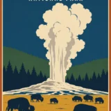 Yellowstone National Park Retro Geyser and Bison Art Print