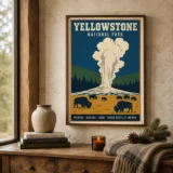 Yellowstone National Park Retro Geyser and Bison Art Print