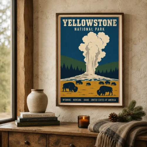Yellowstone National Park Retro Geyser and Bison Art Print