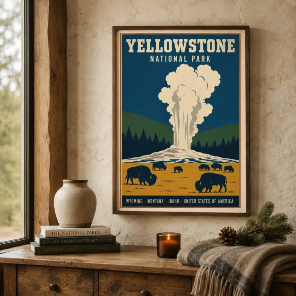 Yellowstone National Park Retro Geyser and Bison Art Print