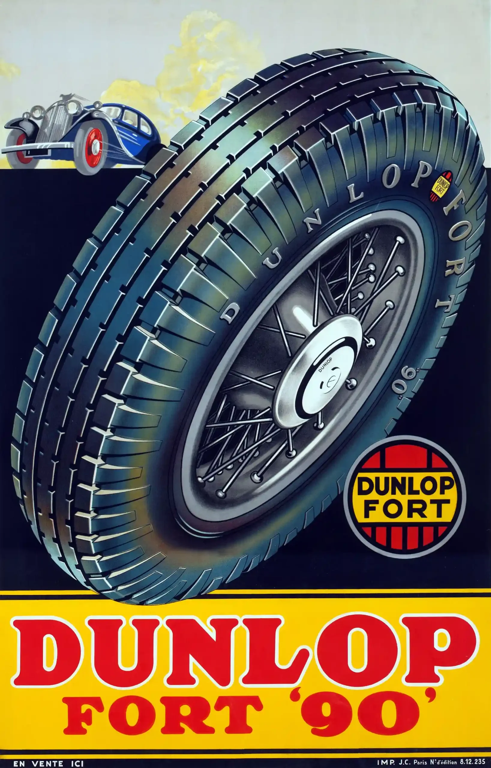 Dunlop Fort 90 Poster with 1930s Dunlop Fort 90 advertising poster with tire brand, MerchFuse vintage advertising wall art