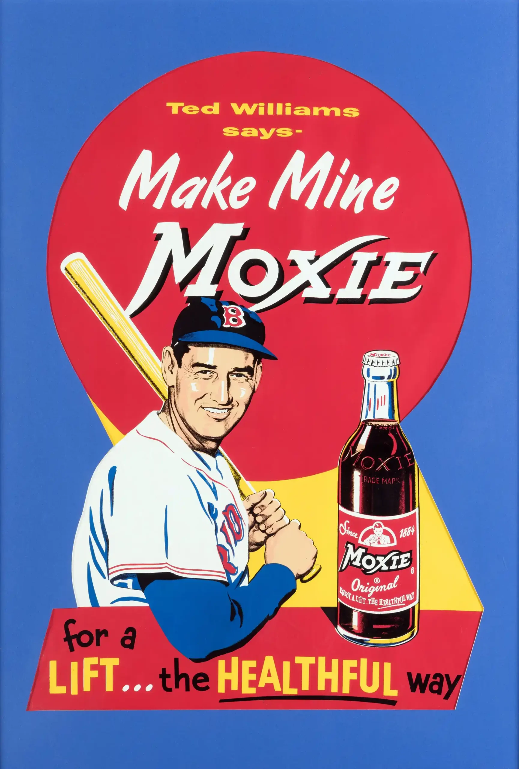 Ted Williams Moxie Poster with 1950s Ted Williams Moxie advertising with baseball and soda, MerchFuse vintage advertising wall art