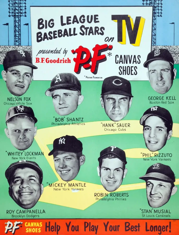 Pf Flyers Baseball Poster with 1953-54 P.F. Flyers Big League Baseball Stars on TV, MerchFuse vintage advertising wall art