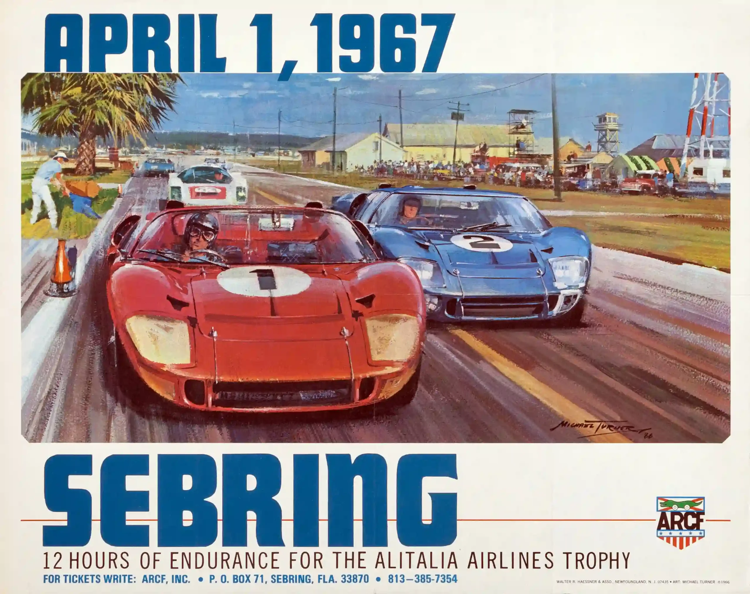 1967 Sebring Poster with 1967 Sebring event advertising poster by Michael Turner, MerchFuse vintage advertising wall art
