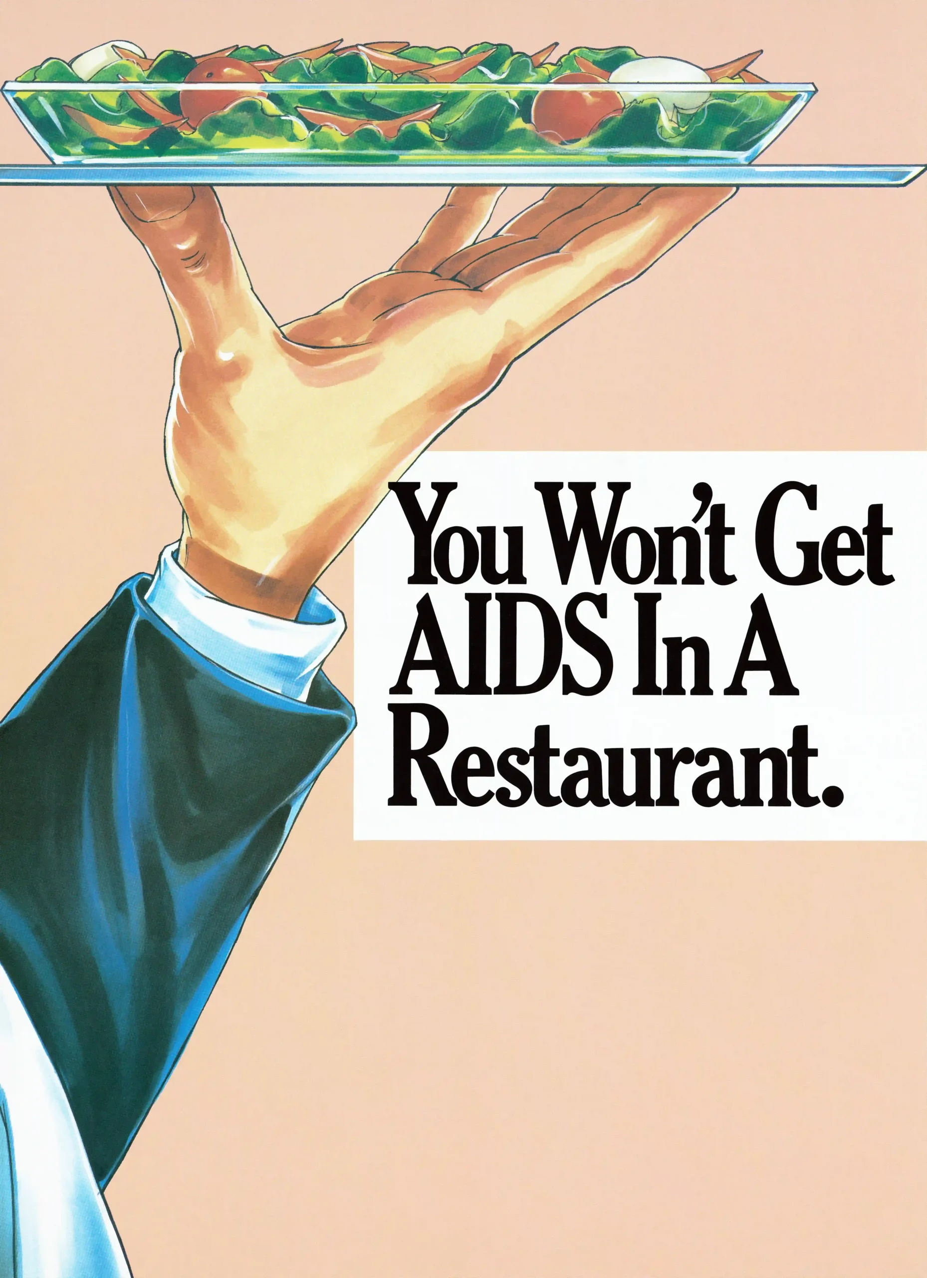 Salad Tray Message Poster with 1990s poster showing a hand holding up a salad plate on a, MerchFuse vintage advertising wall art